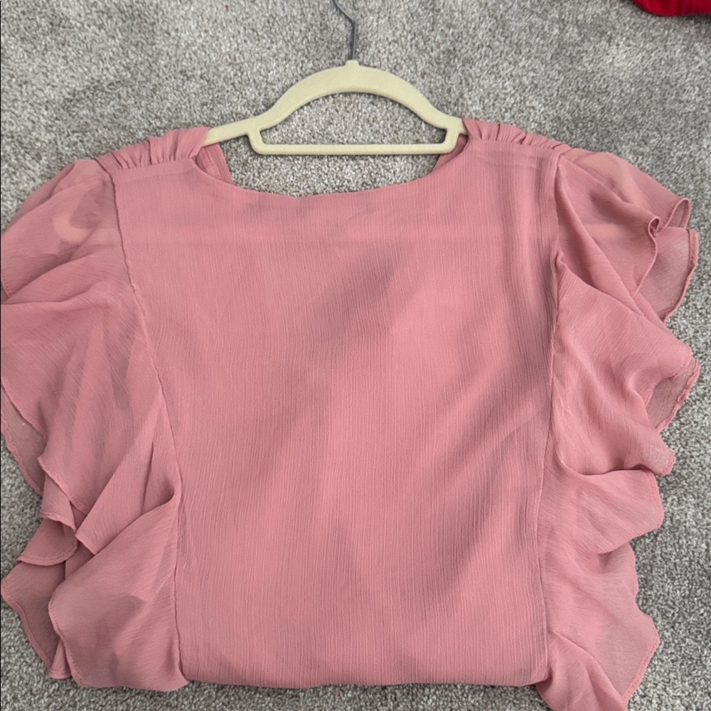 Lulus Pretty And Poised Rose Ruffled Short Sleeve Surplice Bodysuit Pink - Picture 6 of 7